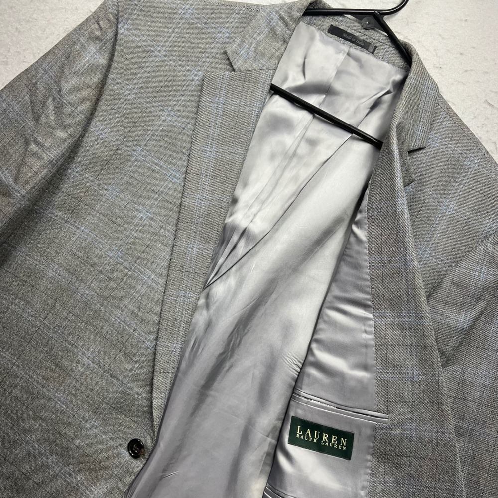 Lauren Ralph Lauren Mens 50R Blazer Gray Blue Plaid Silk Wool Sport Coat 2514
